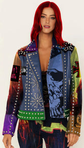 Multicolor Gothic Punk Jacket – Women’s Handmade Leather with Days N Daze, Acid Witch & Anti Cimex Patches, Custom Clubwear